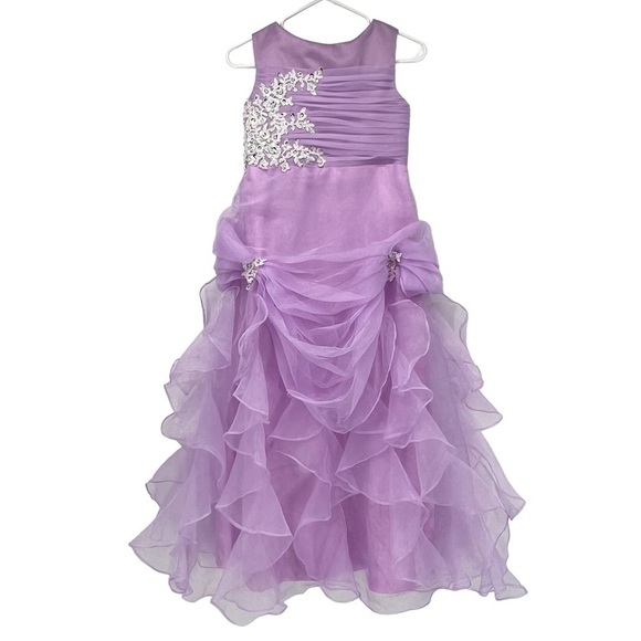 Purple Beaded Appliqué Ruched Dress Size 14 Girl's